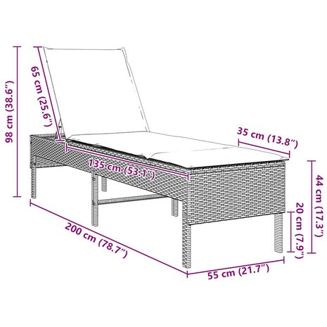 Ligstoel met kussen grijs 55x200x44cm polyrotan