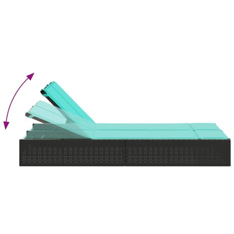 Dubbele ligstoel met kussens, zwart polyrotan