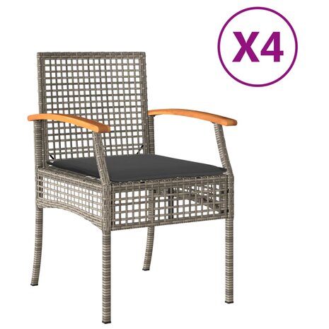 Tuinstoelen 4 st met kussens poly rattan en acaciahout grijs