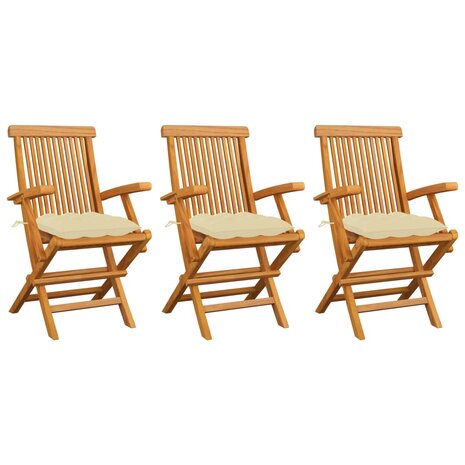 Tuinstoelen 3 st met crèmewitte kussens massief teakhout
