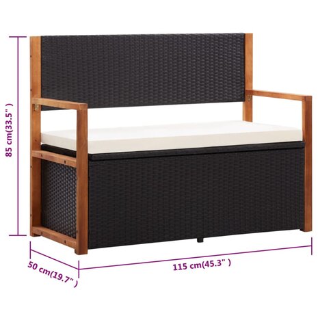 Opbergbankje 115 cm poly rattan en massief acaciahout zwart