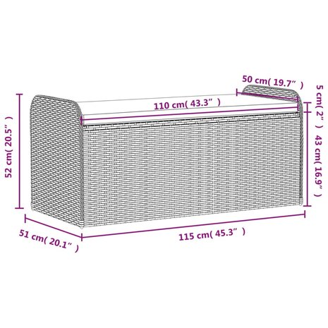 Opbergbankje met kussen 115x51x52 cm poly rattan grijs