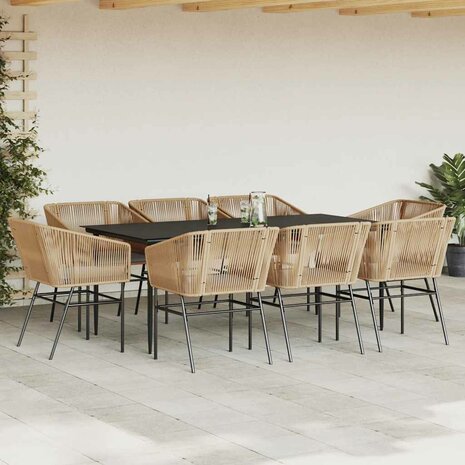 9-delige Tuinset met kussens poly rattan glas bruin