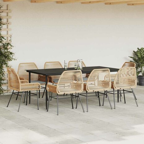 9-delige Tuinset met kussens poly rattan glas bruin