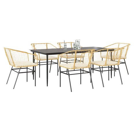 7-delige Tuinset met kussens poly rattan glas bruin