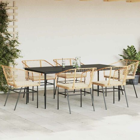 7-delige Tuinset met kussens poly rattan glas bruin