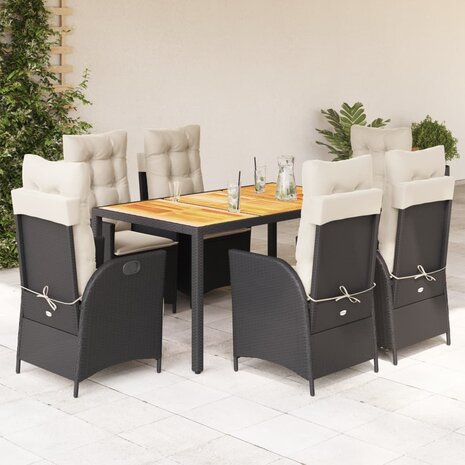 7-delige Tuinset met kussens poly rattan zwart
