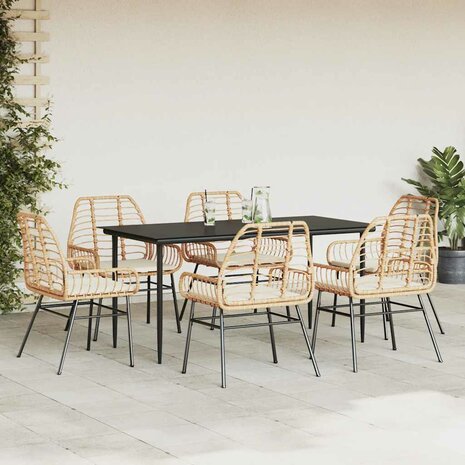 7-delige Tuinset met kussens poly rattan glas bruin