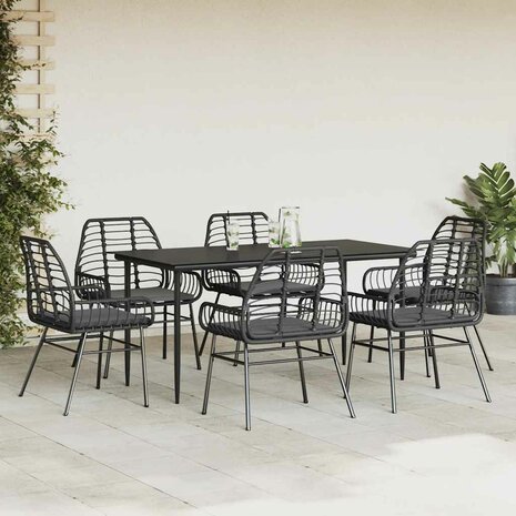 7-delige Tuinset met kussens poly rattan glas zwart