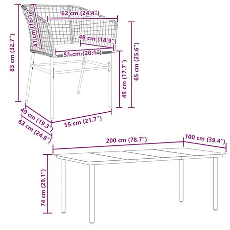 9-delige Tuinset met kussens poly rattan glas bruin