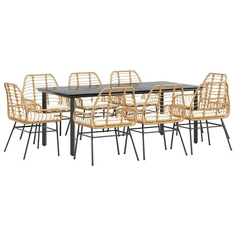 9-delige Tuinset met kussens poly rattan glas bruin