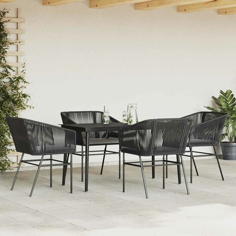 5-delige Tuinset met kussens poly rattan glas zwart