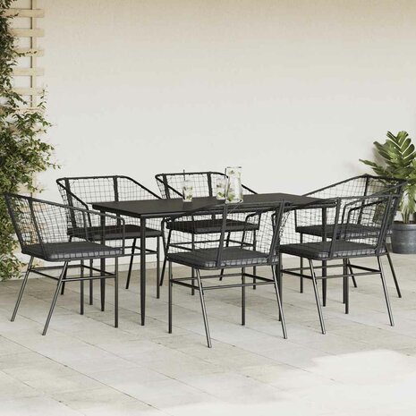 7-delige Tuinset met kussens poly rattan glas zwart