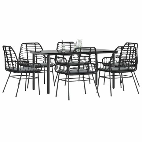 7-delige Tuinset met kussens poly rattan glas zwart