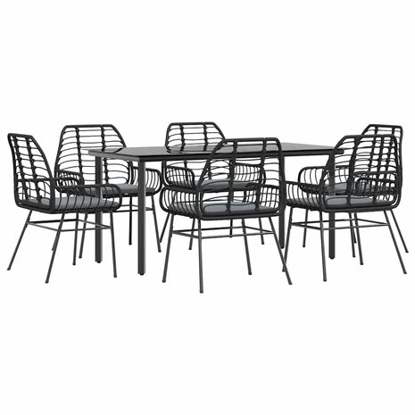 7-delige Tuinset met kussens poly rattan glas zwart