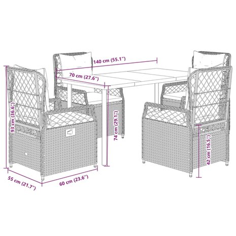 5-delige Tuinset met kussens poly rattan grijs