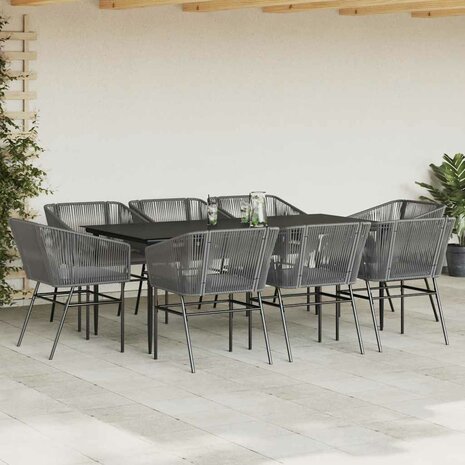 9-delige Tuinset met kussens poly rattan glas grijs