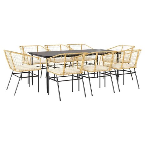 9-delige Tuinset met kussens poly rattan glas bruin