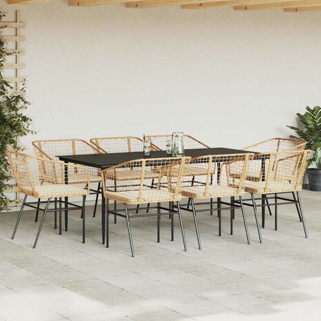 9-delige Tuinset met kussens poly rattan glas bruin