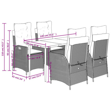 5-delige Tuinset met kussens poly rattan lichtgrijs