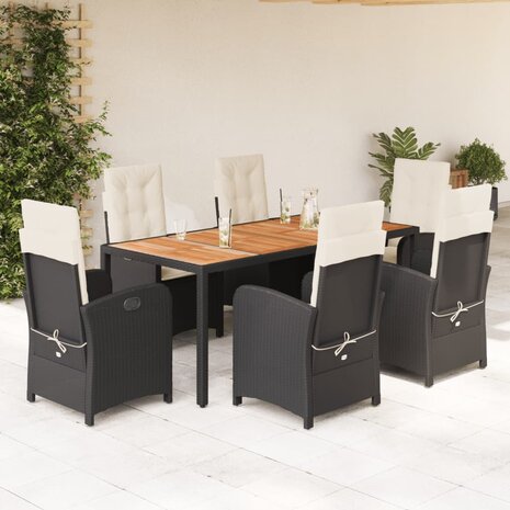 7-delige Tuinset met kussens poly rattan zwart