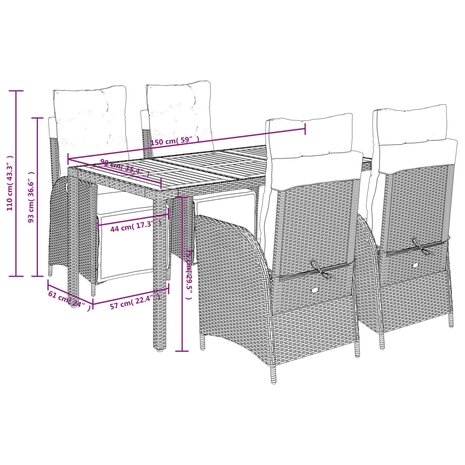 5-delige Tuinset met kussens poly rattan zwart
