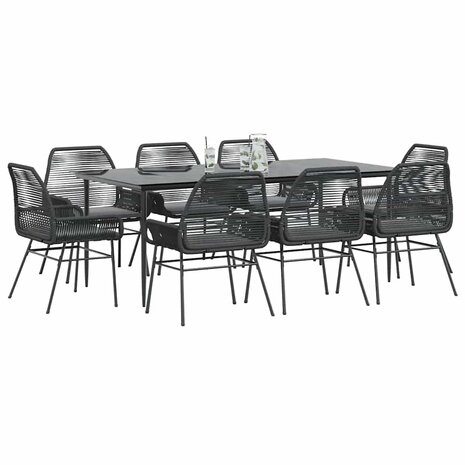 9-delige Tuinset met kussens poly rattan glas zwart