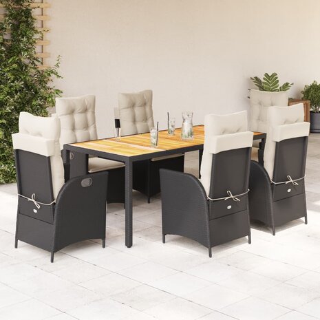 7-delige Tuinset met kussens poly rattan zwart