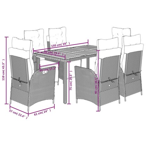 7-delige Tuinset met kussens poly rattan zwart