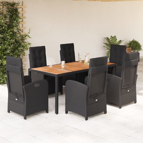 7-delige Tuinset met kussens poly rattan zwart