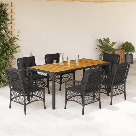 7-delige Tuinset met kussens poly rattan zwart