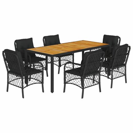 7-delige Tuinset met kussens poly rattan zwart