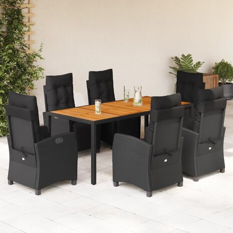 7-delige Tuinset met kussens poly rattan zwart