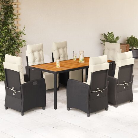 7-delige Tuinset met kussens poly rattan zwart