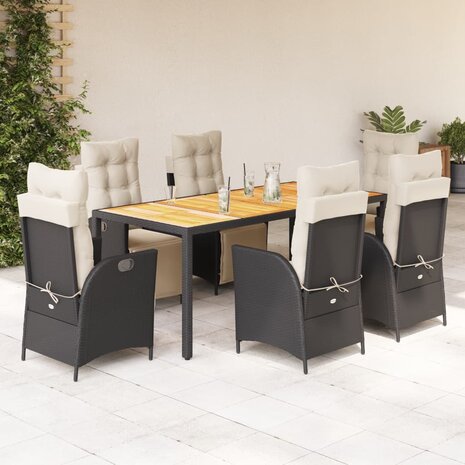 7-delige Tuinset met kussens poly rattan zwart