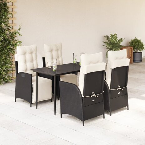 5-delige Tuinset met kussens poly rattan zwart