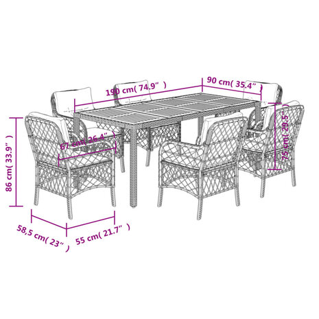 7-delige Tuinset met kussens poly rattan zwart