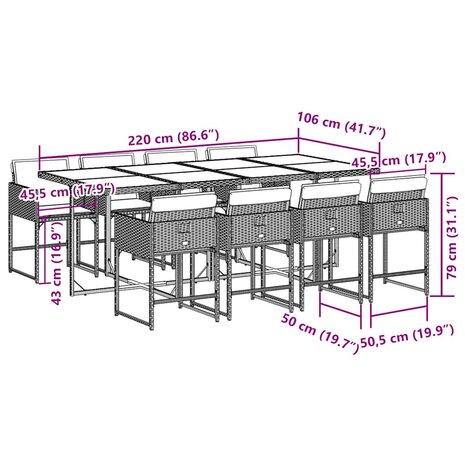 9-delige Tuinset met kussens poly rattan grijs