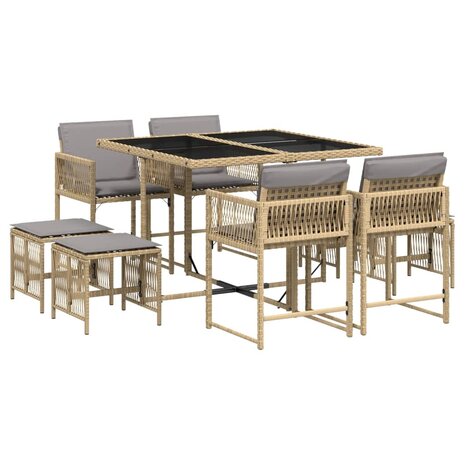 9-delige Tuinset met kussens poly rattan gemengd beige