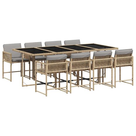 9-delige Tuinset met kussens poly rattan gemengd beige