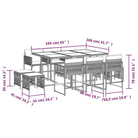 11-delige Tuinset met kussens poly rattan gemengd beige