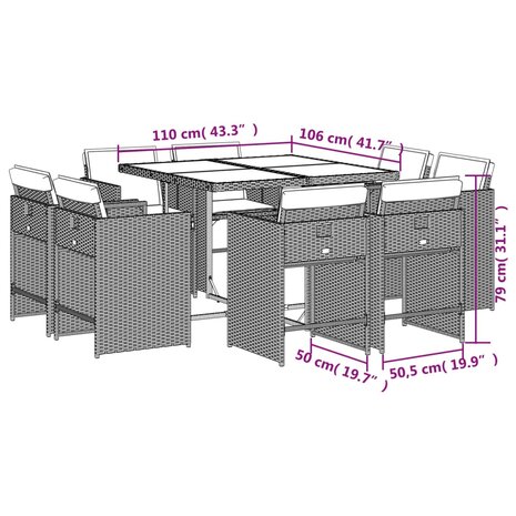 9-delige Tuinset met kussens poly rattan gemengd beige