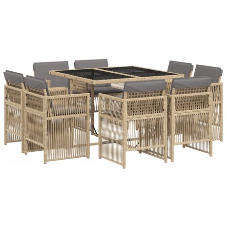 9-delige Tuinset met kussens poly rattan gemengd beige