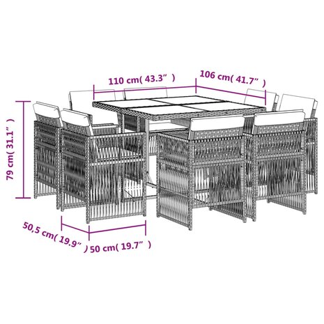 9-delige Tuinset met kussens poly rattan gemengd beige
