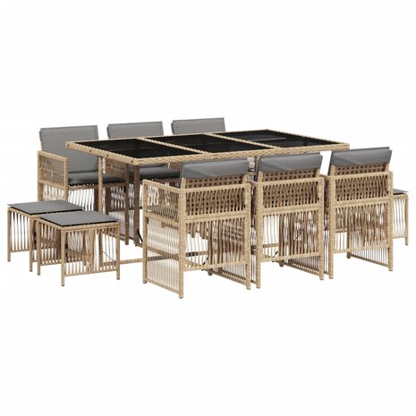 11-delige Tuinset met kussens poly rattan gemengd beige