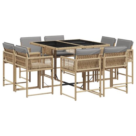 9-delige Tuinset met kussens poly rattan gemengd beige