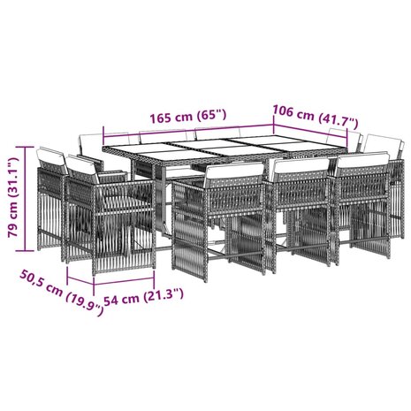 11-delige Tuinset met kussens poly rattan grijs
