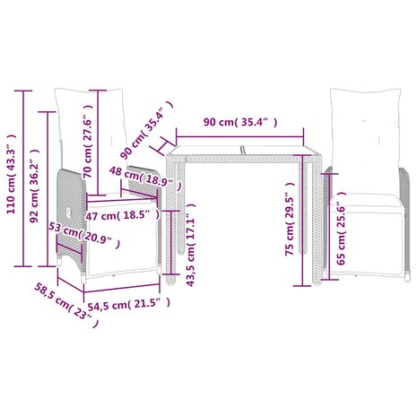 3-delige Bistroset met kussens poly rattan grijs