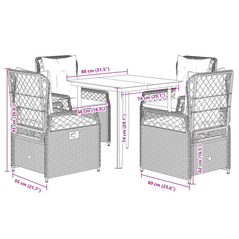 5-delige Tuinset met kussens poly rattan grijs