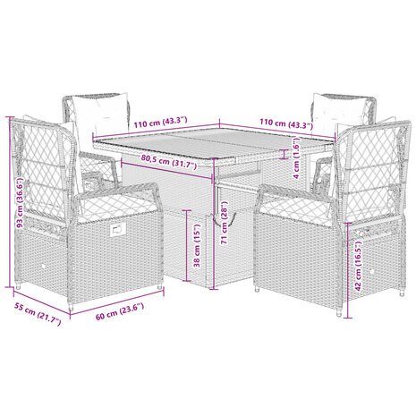 5-delige Tuinset met kussens poly rattan grijs